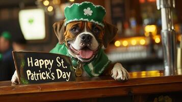 A cheerful dog in festive attire celebrates St. Patrick's Day at a bar. photo