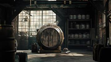 A rustic wooden barrel sits in a dimly lit warehouse, creating a vintage atmosphere. photo