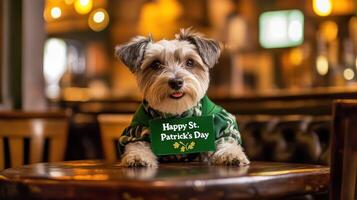 A cheerful dog celebrates St. Patrick's Day in a cozy pub setting. photo