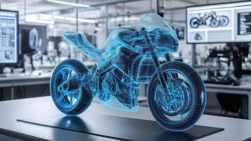 A holographic motorcycle model displayed in a futuristic laboratory. photo