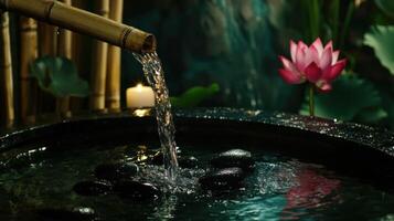 A serene water feature with bamboo, stones, and a lotus flower. photo