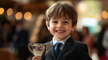 A joyful boy in a suit proudly holding a trophy at a celebration. photo