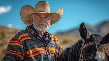 A rugged cowboy poses with his horse against a scenic backdrop. photo
