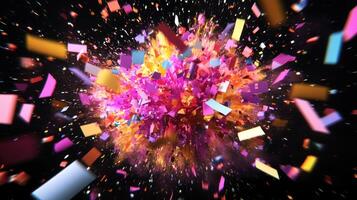 A vibrant explosion of colorful confetti against a dark background. photo