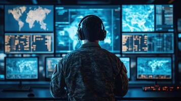 A soldier in a control room analyzing data on multiple screens. photo