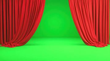 Red curtains on a vibrant green backdrop, ready for a performance. photo