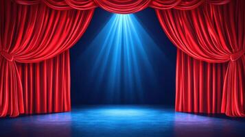 Vibrant red curtains parting with a spotlight illuminating the stage. photo