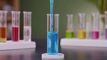 A vibrant blue liquid being poured into a test tube amid colorful beakers. photo