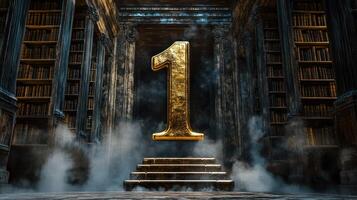 A golden number one surrounded by an atmospheric library setting. photo