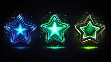 Three vibrant, glowing stars with a mystical and modern design. photo