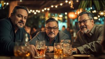 Three men enjoy drinks and conversation in a warmly lit setting. photo