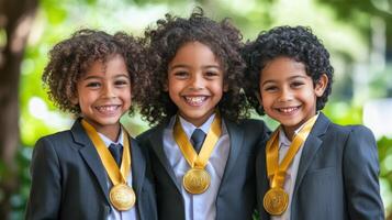 Three joyful boys in suits proudly displaying their gold medals. photo