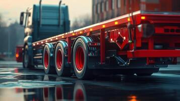 A modern red truck with a trailer parked in an urban setting. photo