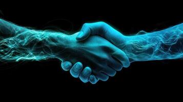 Glowing handshake symbolizing unity and collaboration in a digital style. photo