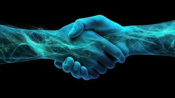 A futuristic glowing handshake symbolizing partnership and unity. photo