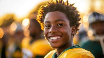 A joyful young boy in a football uniform smiling brightly. photo