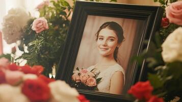 A serene portrait surrounded by a floral arrangement, exuding warmth. photo