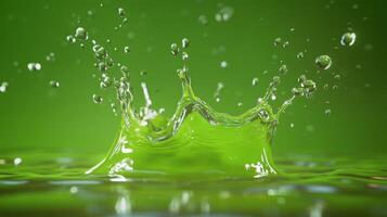 A vibrant splash of water creates dynamic droplets on a green backdrop. photo
