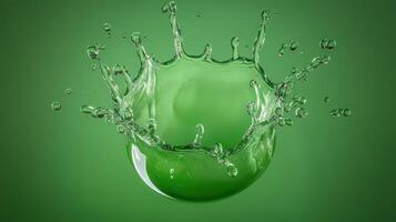 A vibrant green splash of water with dynamic droplets frozen in motion. photo