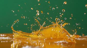 A vibrant splash of yellow liquid creating dynamic droplets. photo