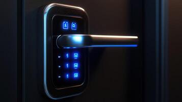 Close-up of a modern smart lock with illuminated keypad on a door. photo