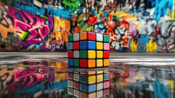 A vibrant Rubik's cube reflecting against a colorful graffiti background. photo