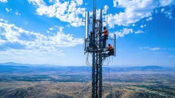 Workers maintaining a telecommunications tower in a scenic landscape. photo