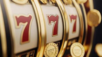 Close up of a luxurious slot machine with golden accents and 7s. photo