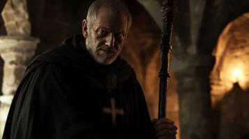 A serious monk stands with a staff in a dimly lit, ancient setting. photo