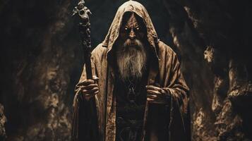 An ancient wizard in a dark cave, wielding a staff with glowing eyes. photo