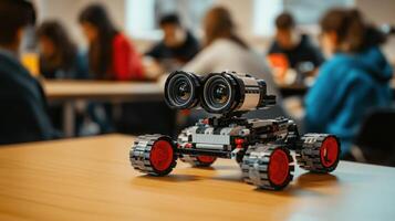 A LEGO robot model sits in a classroom full of engaged students. photo