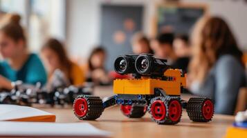 A colorful LEGO robot model in an active classroom setting. photo