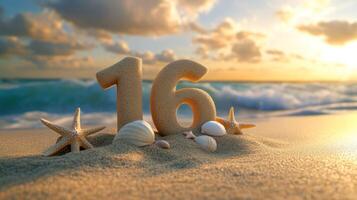 A serene beach scene with the number 16 and seashells at sunset. photo