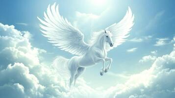 A majestic winged horse gracefully soars through the bright clouds. photo