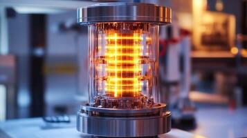 A glowing, high tech energy core in a sophisticated lab setting. photo