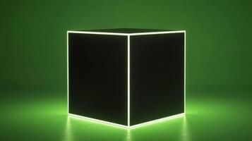 A glowing cube illuminated by neon green light in a minimalist setting. photo