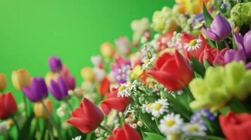 Vibrant bouquet of colorful flowers against a bright green backdrop. photo