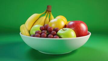 A vibrant bowl of assorted fresh fruits on a green background. photo