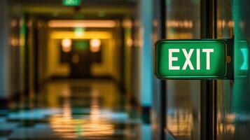 A illuminated exit sign in a calm, modern hallway setting. photo