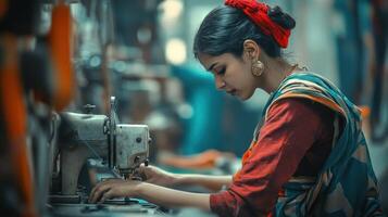 A woman sewing attentively in a textile workshop environment. photo