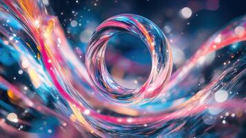 A vibrant abstract swirl with glowing lights and dynamic colors. photo