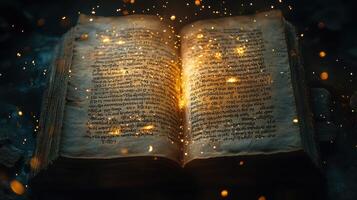 An ancient glowing book surrounded by magical sparkles in a dark setting. photo