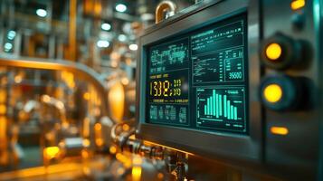 An industrial control monitor displaying data in a factory setting. photo