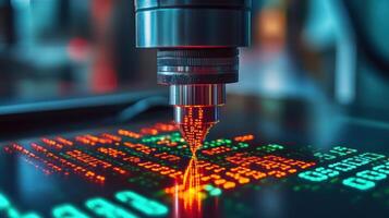 A close up of a microscope with digital data patterns illuminated. photo