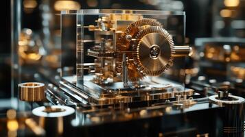 Close up of a detailed, transparent mechanical system with gold gears. photo