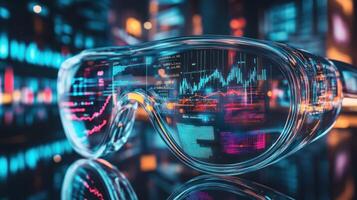 Futuristic smart glasses displaying data visualizations and graphs. photo
