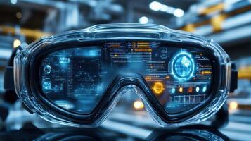 Futuristic goggles displaying augmented reality data in an industrial setting. photo