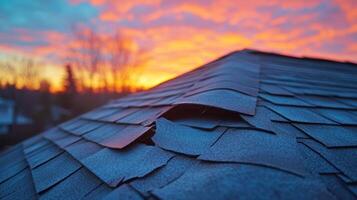 A close up of a shingled roof against a colorful sunset sky. photo