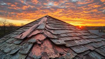 A weathered rooftop at sunset, showcasing vibrant colors and clouds. photo
