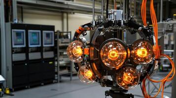 Futuristic robotic machinery with glowing elements in an industrial setting. photo